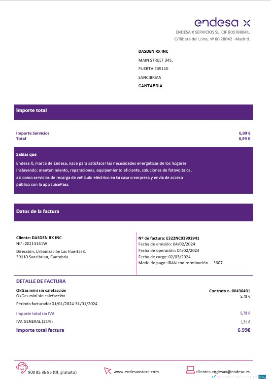 Download Spain Barcelona Endesa X electricity business utility bill Word and PDF formats Photoshop template